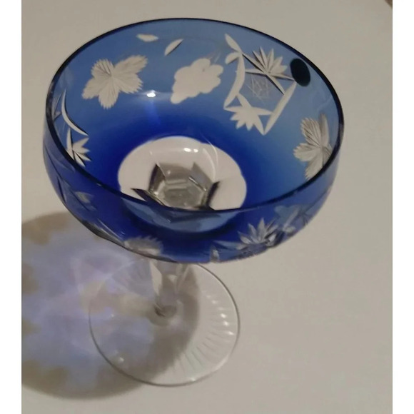Cobalt Blue Etched Champagne Glass Made in Poland ~ Orig Sticker - Picture 4 of 7